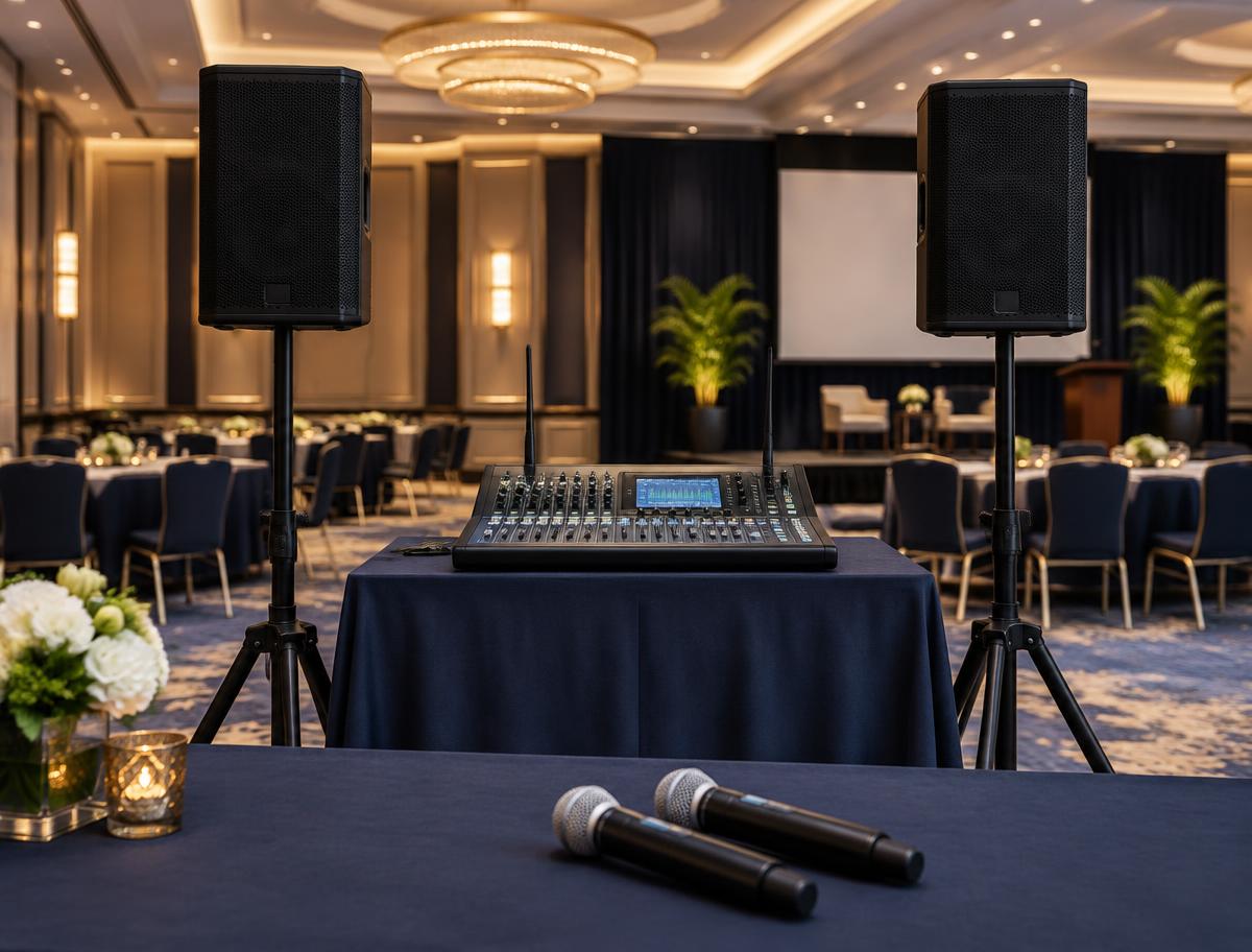 Professional powered speakers and wireless microphones on a dark stage